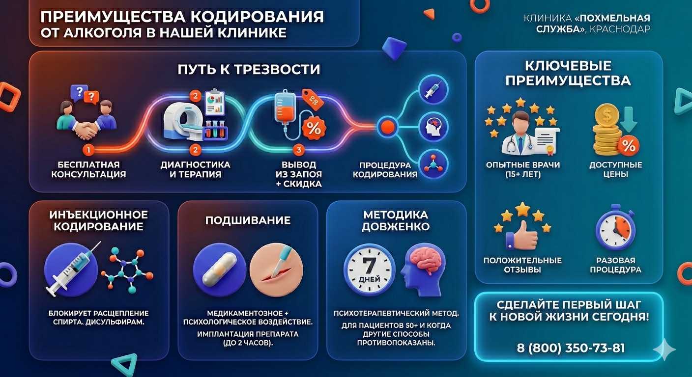 Инфографика о методах кодирования от алкоголя в Уве: инъекции, подшивание, метод Довженко. Преимущества клиники и этапы лечения.